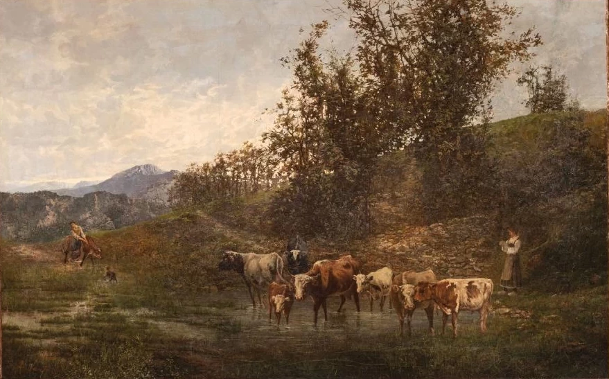 Paesaggio campestre con contadini e animali